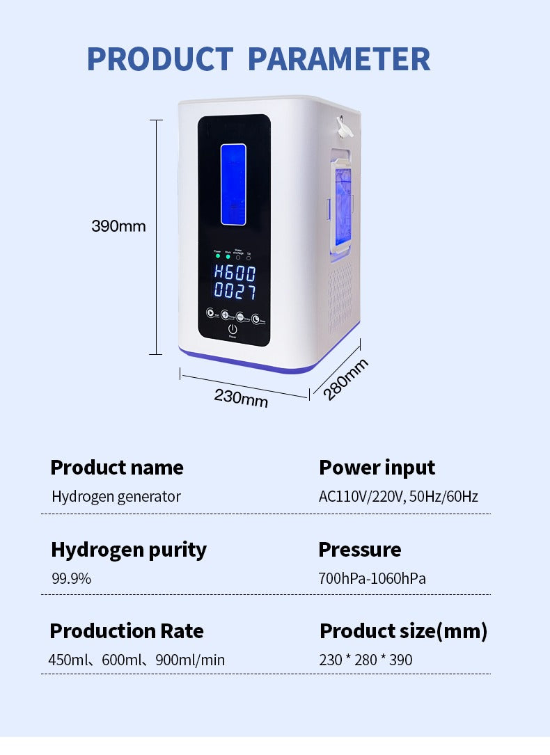 Portable Hydrogen Generator — 300 / 600 mL·min PEM, 99.9 % Purity, Touchscreen