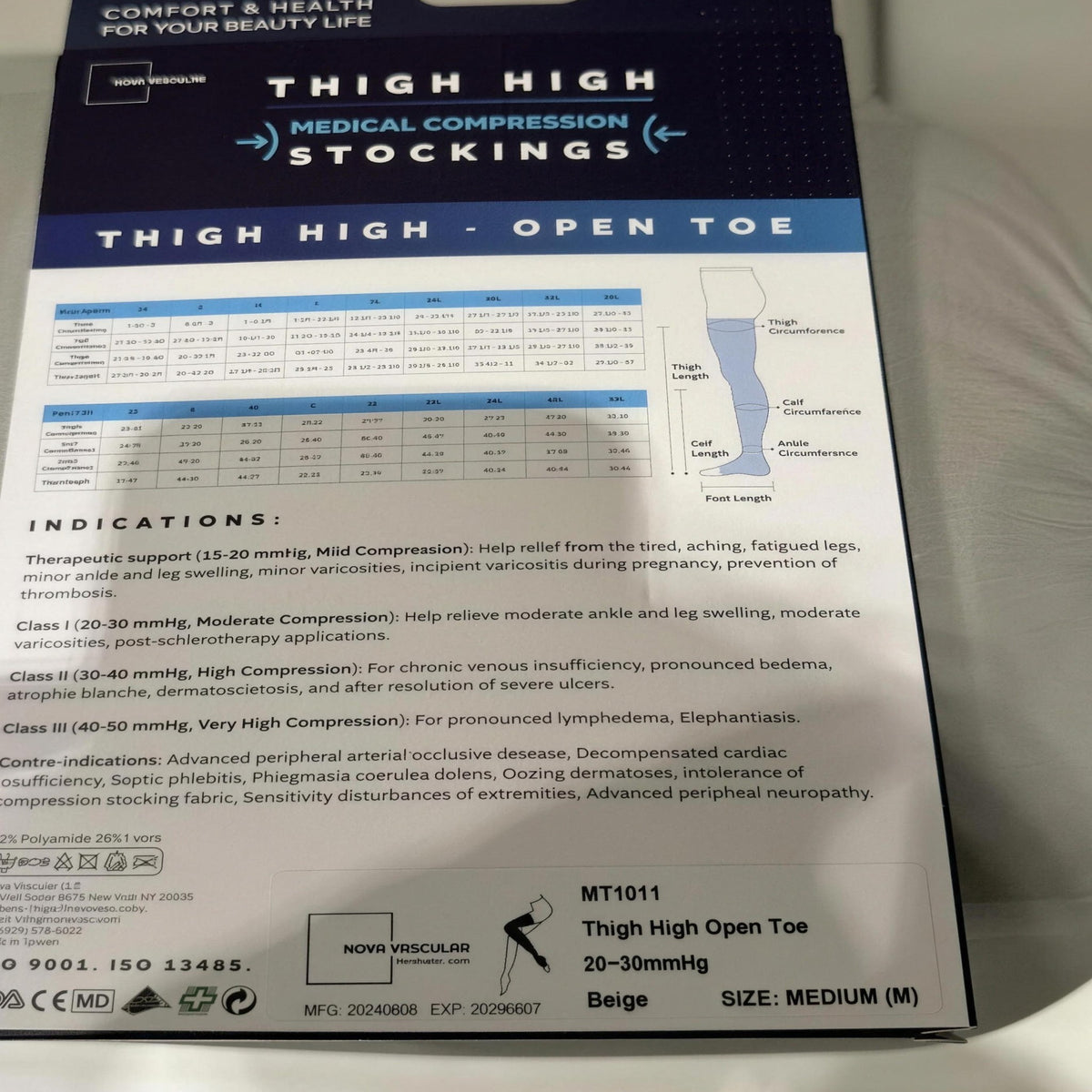 Size chart and specification panel on the Nova Vascular stockings box