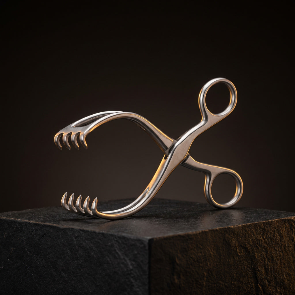 Heiss Self-Retaining Retractor, 10.2 cm, 4 x 4 Sharp — studio hero on dark charcoal