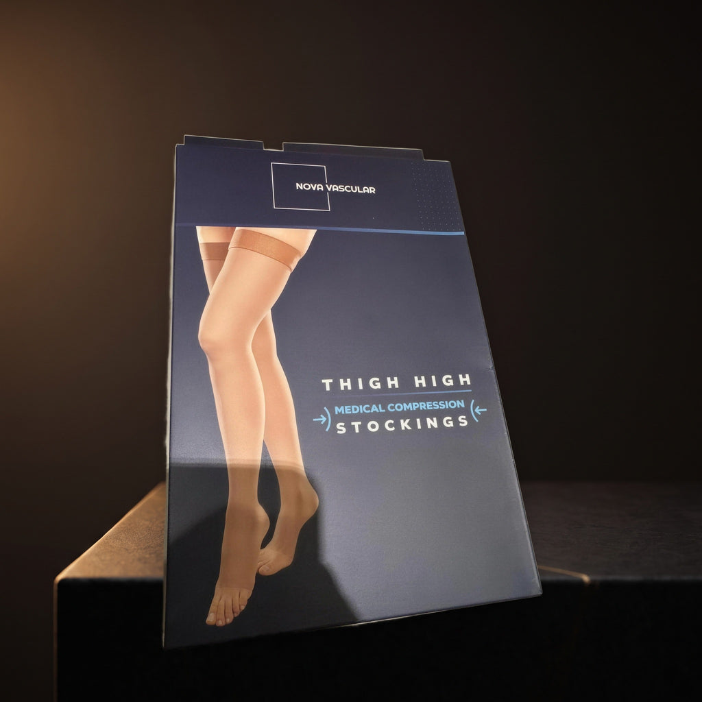 Nova Vascular thigh-high compression stockings box — studio hero