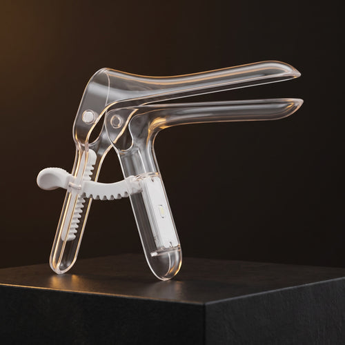 Disposable Vaginal Speculum with Integrated LED — studio hero on dark charcoal