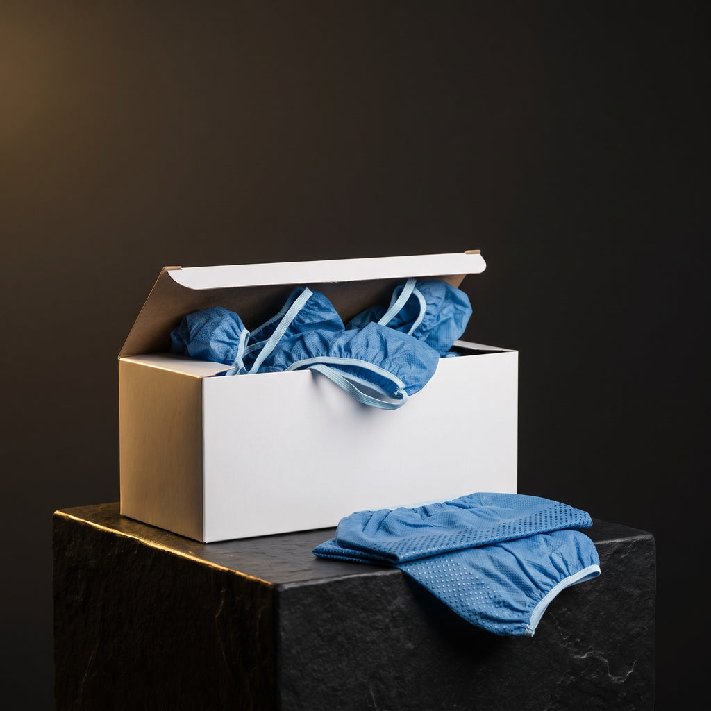 Disposable Shoe Covers, Non-Skid Spunbond — studio hero on dark charcoal