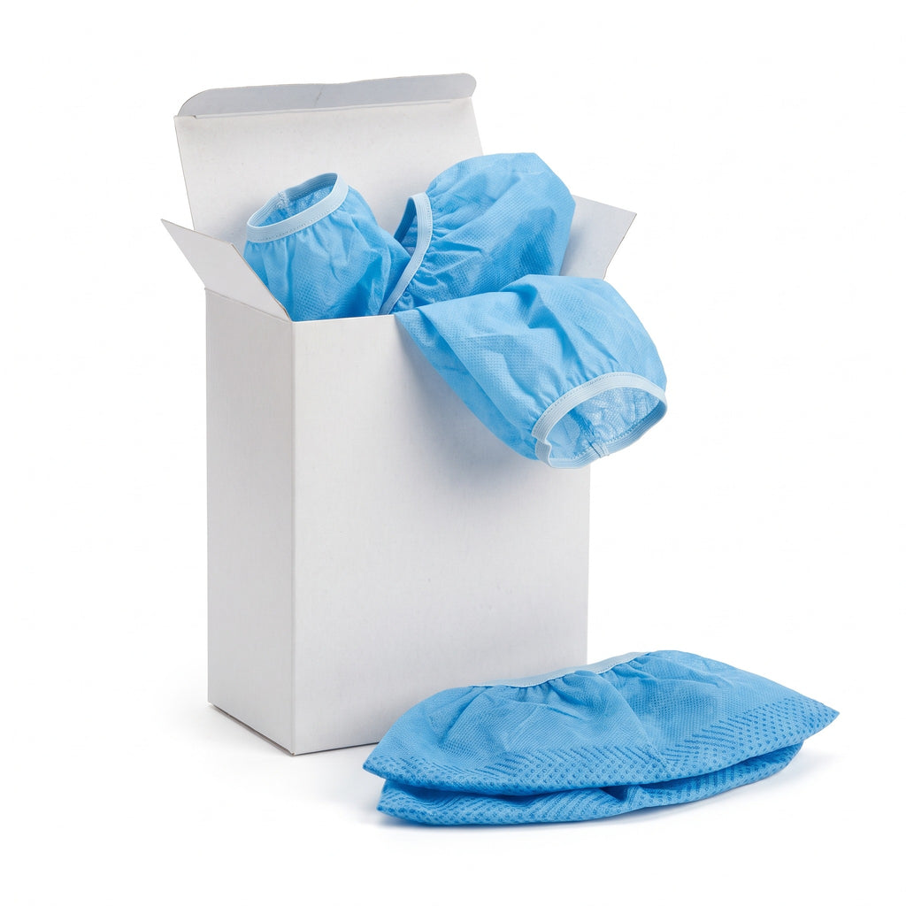 Disposable Shoe Covers, Non-Skid Spunbond — front view on white